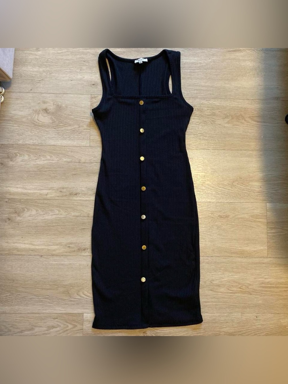 Black Ribbed Tank Midi Dress With Gold Buttons